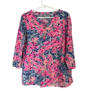 Lilly Pulitzer Girl Pink Blue Coco Coral Crab Long Sleeve Button Top Henley Sz L